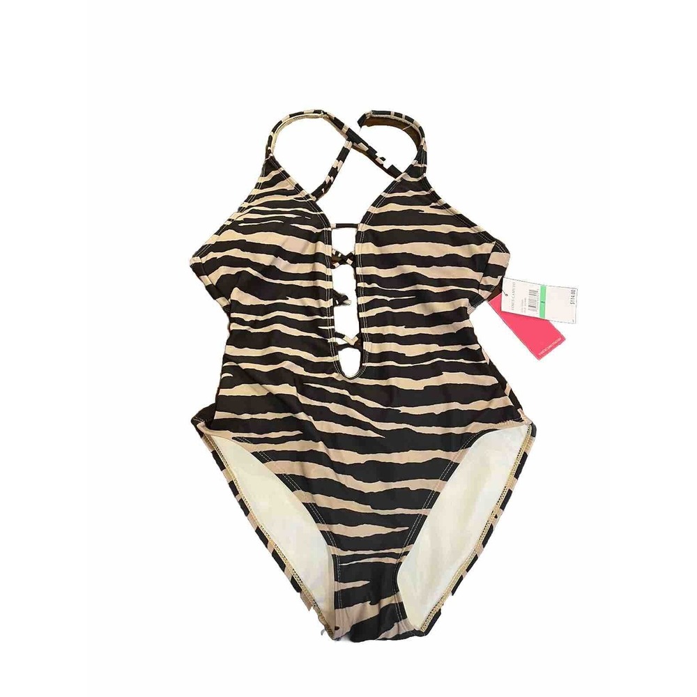 Vince Camuto Women Plunge Neck One Piece Swimsuit Size 8 Zebra Stripe MSRP $114
